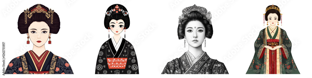 ancient Japan girl and Clipart concept. Four elegant women in traditional attire, adorned with intricate hairstyles and accessories. on Transparent background. ancient Japan girl and Clipart concept. Four elegant women in traditional attire, adorned with intricate hairstyles and accessories. on Transparent background.