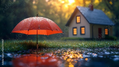 Wallpaper Mural This artistic image features a charming house protected by a bright red umbrella during rainfall, creating a beautiful contrast and evoking feelings of warmth and safety. Torontodigital.ca