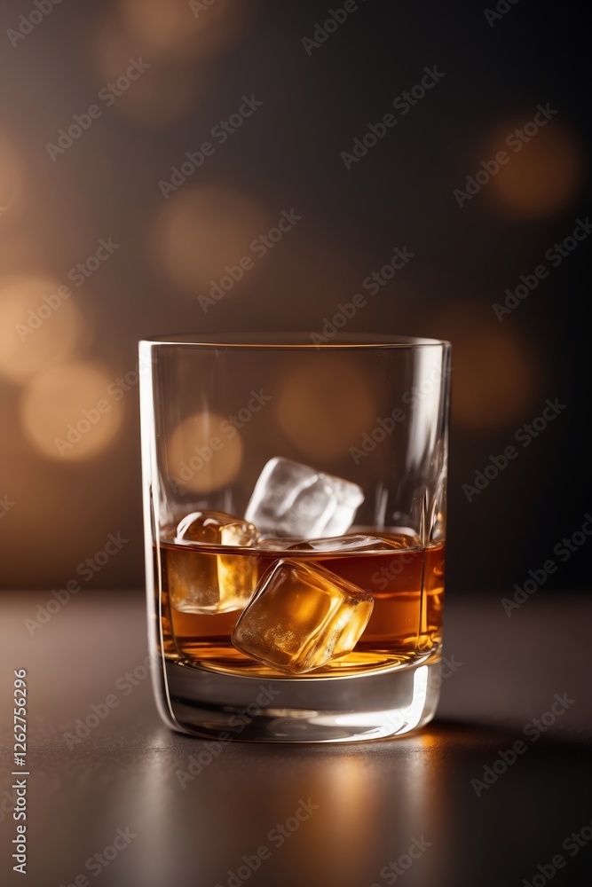 Whiskey glass with ice on table under warm bokeh lighting at evening Whiskey glass with ice on table under warm bokeh lighting at evening