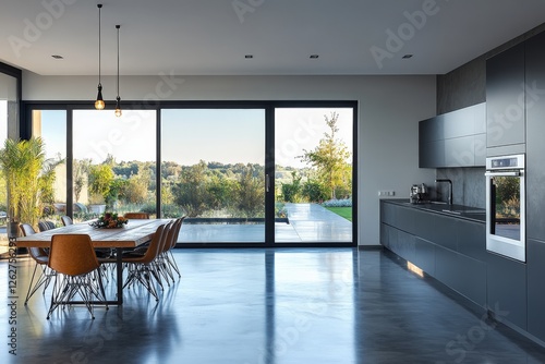 Modern kitchen and dining area with large windows offering scenic views of greenery and outdoor space during daylight hours