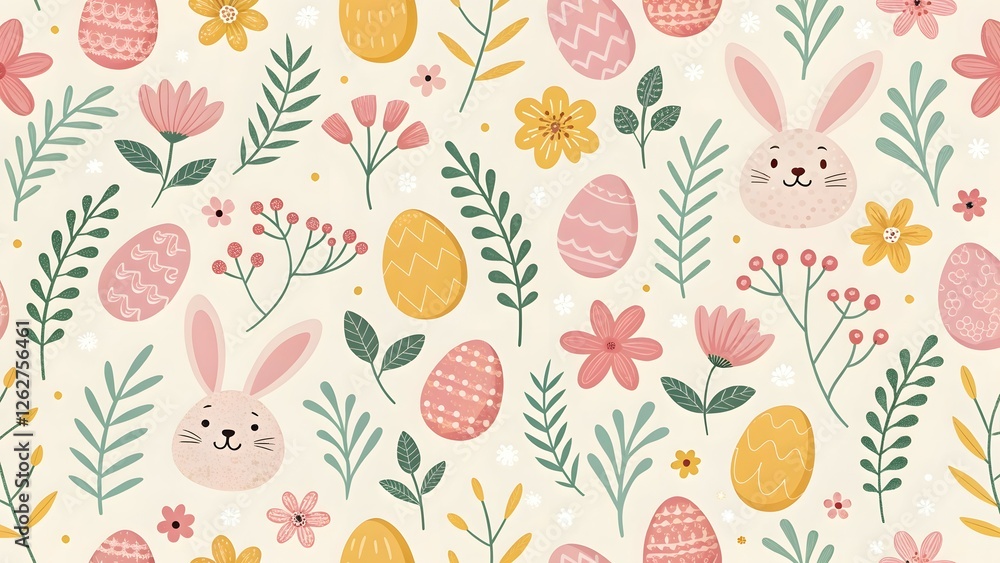 Easter background with eggs, bunnies and flowers of pastel colors Easter background with eggs, bunnies and flowers of pastel colors