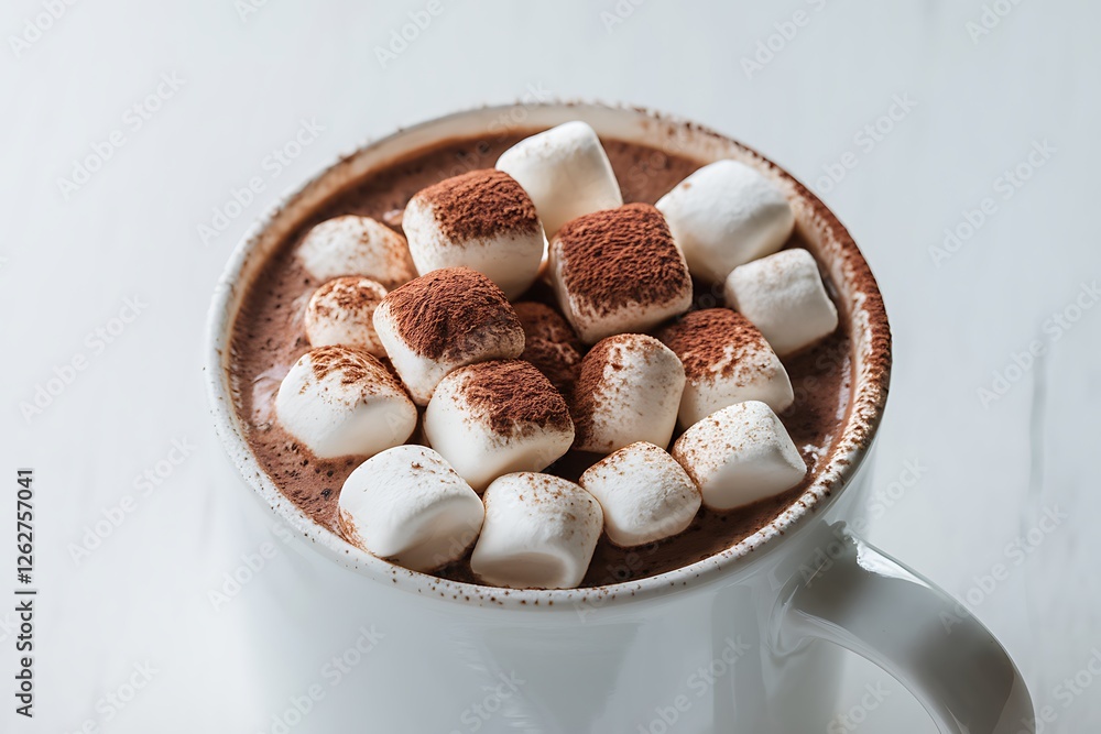 Closeup of a mug filled with hot chocolate topped with marshmallows dusted with cocoa powder. Warm, comforting winter drink. Closeup of a mug filled with hot chocolate topped with marshmallows dusted with cocoa powder. Warm, comforting winter drink.