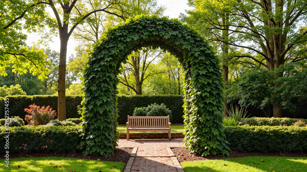 Fototapeta premium Lush green garden archway with a bench, for landscape architecture websites.