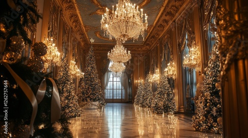 Ornate room adorned with christmas trees and chandeliers galore