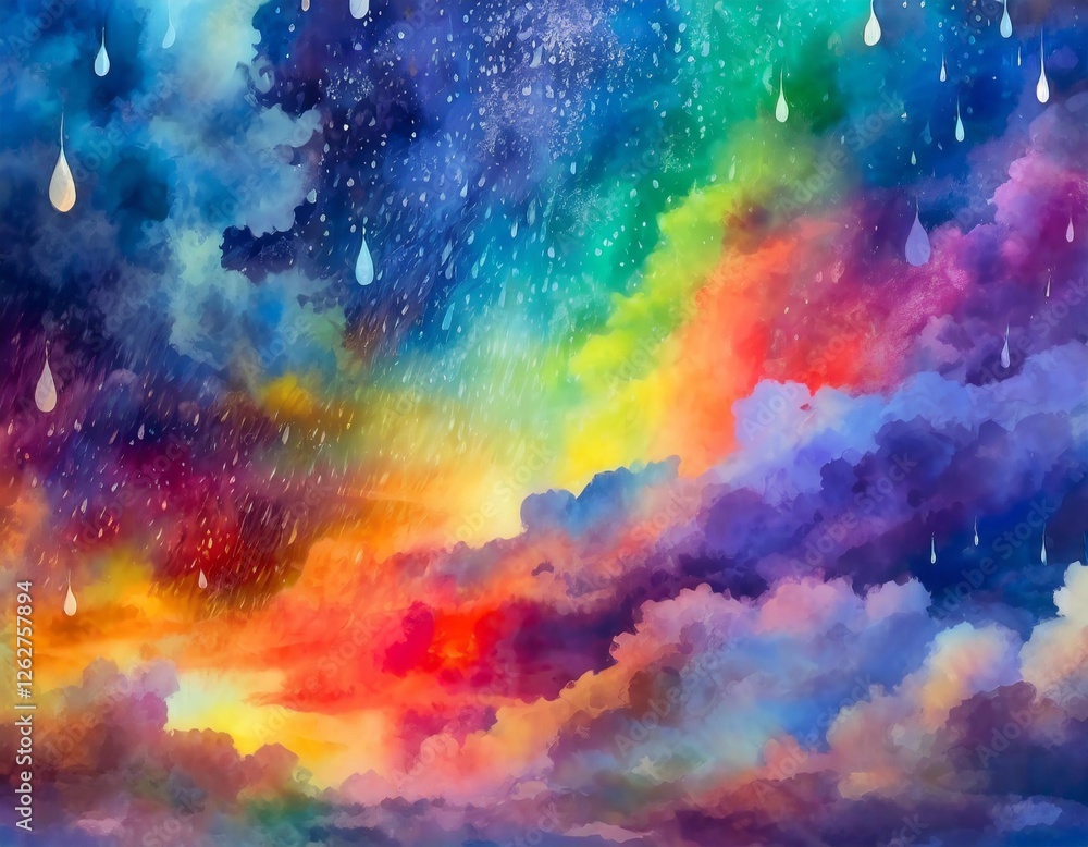 A surreal weather phenomenon where glowing raindrops float upwards, and the sky is a swirling mix of colors and light.