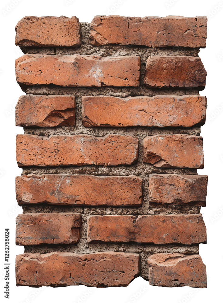 Obraz premium Close Up of a Weathered Red Brick Wall with Visible Mortar on Transparent Background