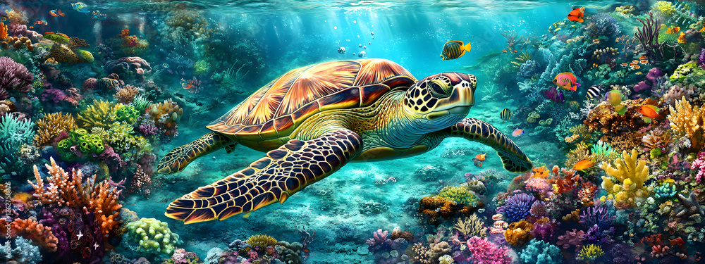 Obraz premium A majestic sea turtle gracefully glides through the crystal-clear waters 