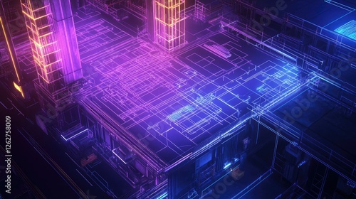 High-tech construction site with glowing blueprints