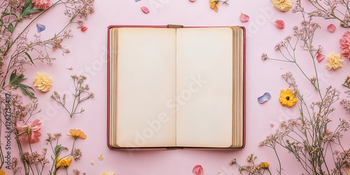 Top view of floral background with blank book  pages