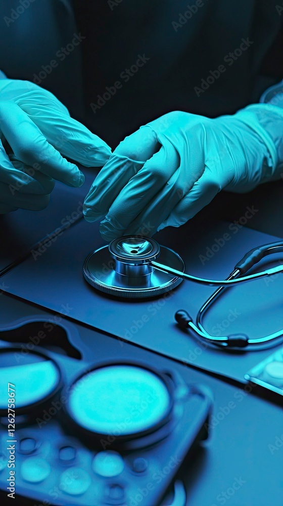 Gloved Hands Holding Stethoscope Near Virtual Reality Headset - Medical Technology Concept Gloved Hands Holding Stethoscope Near Virtual Reality Headset - Medical Technology Concept