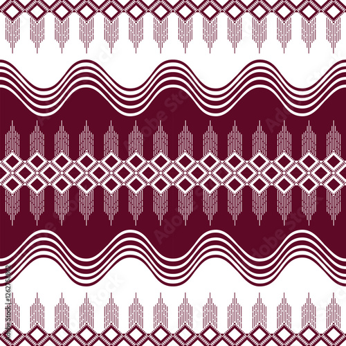 Immerse yourself in this captivating geometric pattern where deep maroon and pristine white intertwine harmoniously.