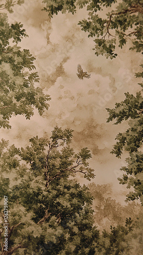 Bird flying above woodland toile wallpaper