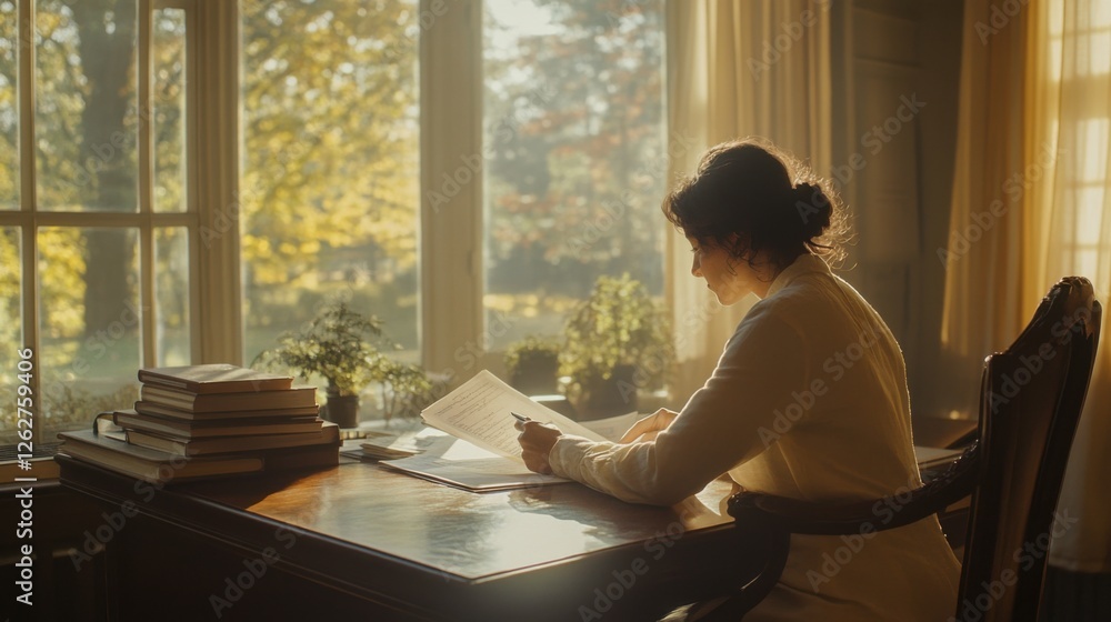 woman writing at desk by window woman writing at desk by window