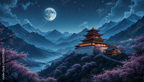 Beautiful Traditional Pagoda in a Mountain Landscape Under a Starry Night Sky with Cherry Blossoms and Moonlight