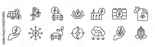 Renewable energy icon collection set with solar panels, wind turbines, electric vehicles, hydroelectric power, geothermal energy