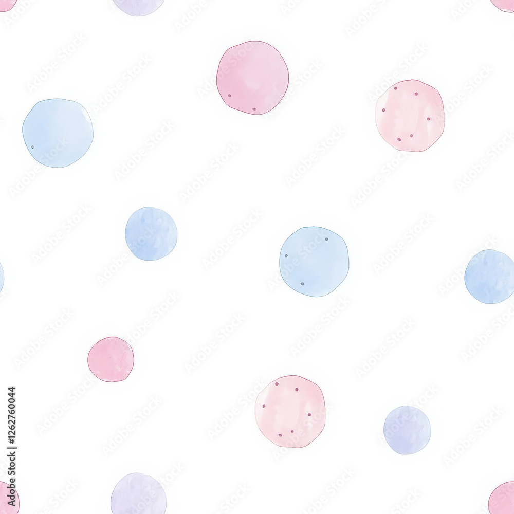 A seamless pattern of pastel polka dots in soft pink, baby blue, and lavender on a white background. A cute and dreamy design perfect for kids' textiles or wallpaper A seamless pattern of pastel polka dots in soft pink, baby blue, and lavender on a white background. A cute and dreamy design perfect for kids' textiles or wallpaper