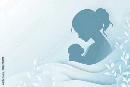 Minimalist paper-cut style illustration of a mother cradling her baby, symbolizing love and care