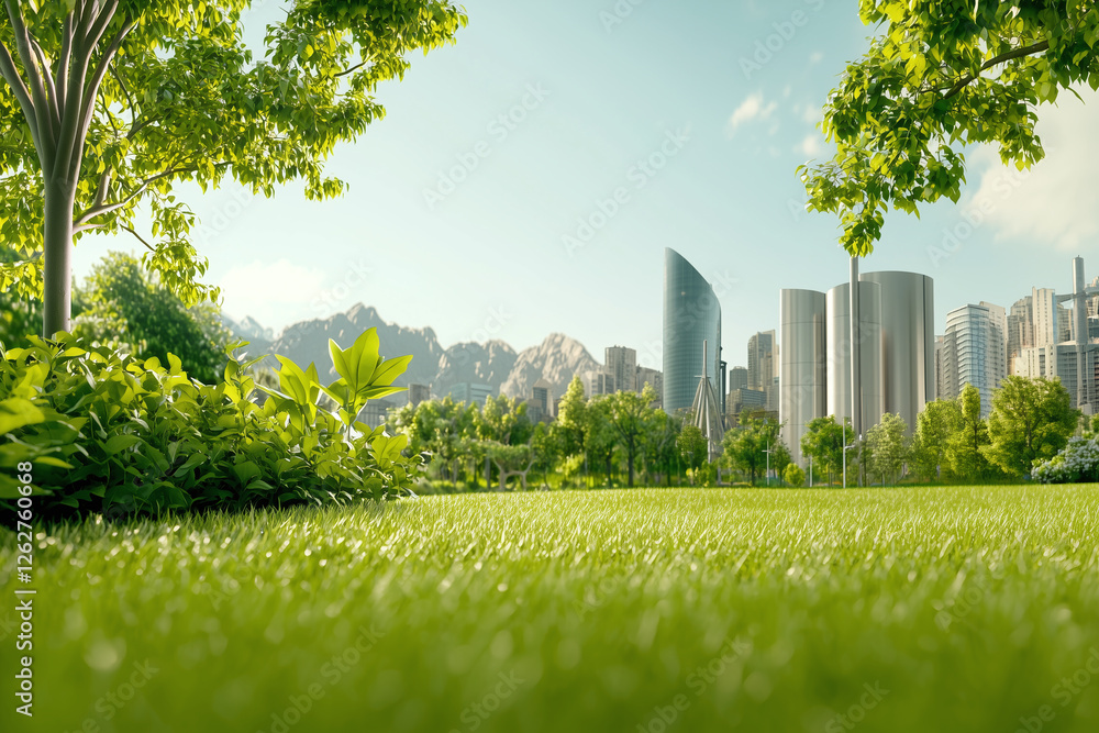 Fototapeta premium vibrant green park with futuristic buildings in background showcases clean energy and nature harmony, evoking sense of tranquility and innovation