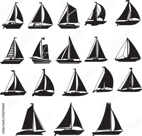 set of vector sailboat, sailboat on the sea-water wave silhouettes