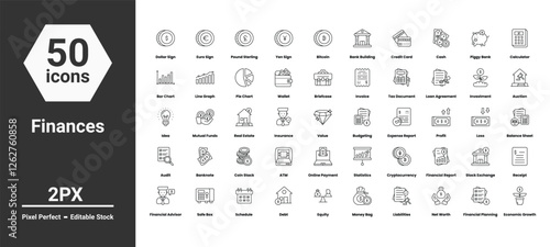 Finance icons set such as, 	bank, budget, business, cash, coins, credit card, creditor, deposit, earnings, finance, financial, financial agreement, financial goals, vector stock illustration