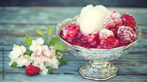 Refreshing Dessert with Raspberries and Creamy White Ice Delight in a Silver Bowl Display photo