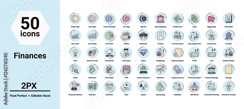 Finance icons set such as, 	bank, budget, business, cash, coins, credit card, creditor, deposit, earnings, finance, financial, financial agreement, financial goals, vector stock illustration