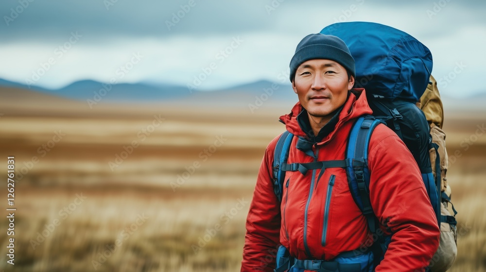 Mongolian Steppe Photography: Asian Traveler Portrait Hiking Across Vast, Windswept Grasslands Under an Endless Open Sky. Mongolian Steppe Photography: Asian Traveler Portrait Hiking Across Vast, Windswept Grasslands Under an Endless Open Sky.