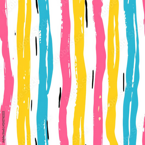A playful hand-drawn striped pattern with irregular, sketchy lines in bright and fun colors like yellow, pink, and blue. A cute and whimsical design for children's products