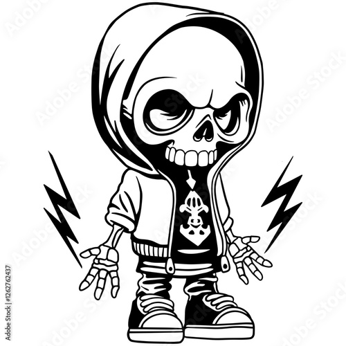 Black and white vector illustration of a cool skeleton wearing a hoodie and sneakers, radiating electric energy. Perfect for tattoos, apparel prints, stickers, posters, and urban-themed artwork.