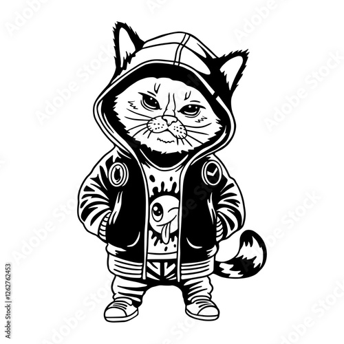 Stylish black and white vector illustration of a cool street cat wearing a hoodie and urban outfit. Perfect for tattoo designs, apparel prints, stickers, posters, and urban-themed artworks.