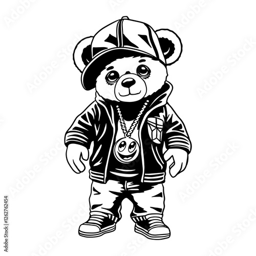 Cool black and white vector illustration of a hip-hop teddy bear wearing a cap, jacket, sneakers, and a chain with a smiley pendant. Perfect for printing, stickers, apparel, and urban designs.