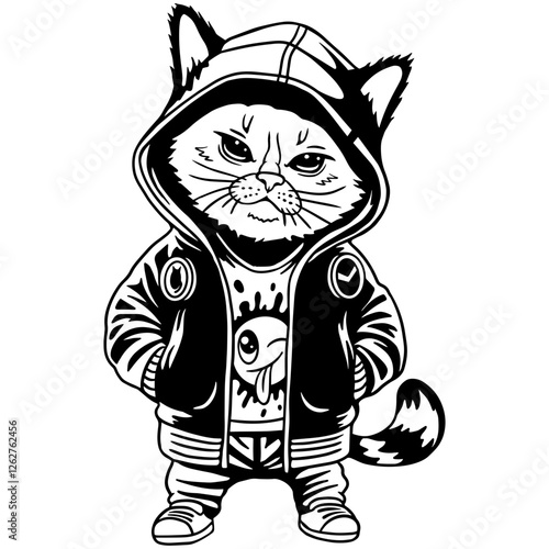 Stylish black and white vector illustration of a cool street cat wearing a hoodie and urban outfit. Perfect for tattoo designs, apparel prints, stickers, posters, and urban-themed artworks.