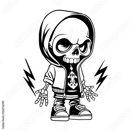 Black and white vector illustration of a cool skeleton wearing a hoodie and sneakers, radiating electric energy. Perfect for tattoos, apparel prints, stickers, posters, and urban-themed artwork.
