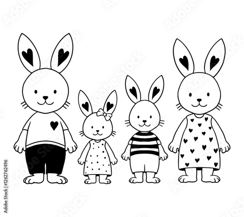 Adorable bunny family illustration with heart details. Cute rabbits in stylish outfits, perfect for kids' prints, nursery decor, greeting cards, and Easter designs. Black and white vector drawing