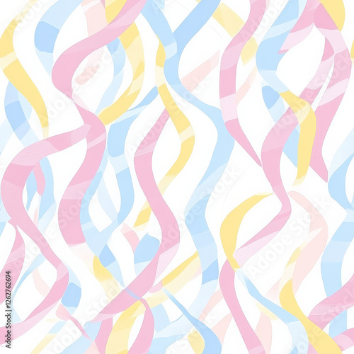 A pastel birthday ribbon pattern with flowing, curling ribbons in soft pink, blue, and yellow hues