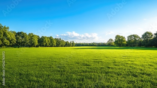 Lush green meadow under clear blue sky