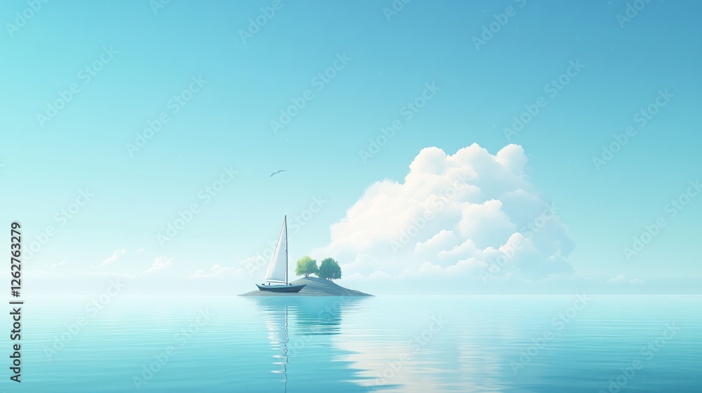 Obraz premium Sailboat near a small island with a cloud.