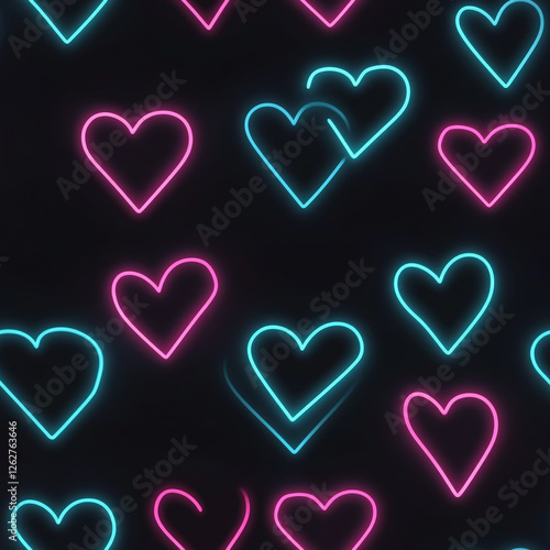 A neon light heart pattern, where glowing pink and blue hearts shine against a deep black background, creating a retro-futuristic effect