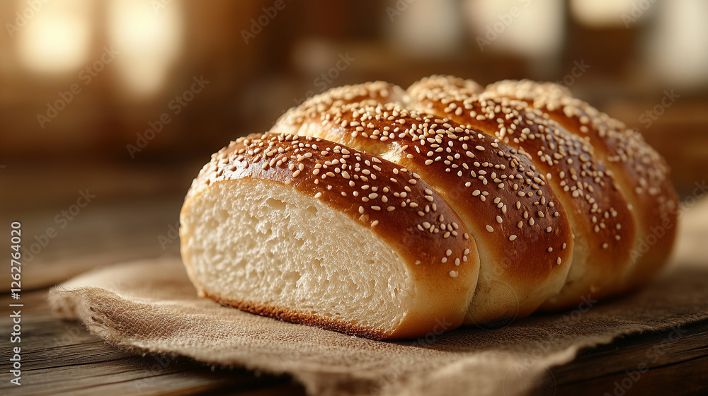 Golden Hala with sesame seeds, on rustic cloth, celebrating Rosh Hashanah Golden Hala with sesame seeds, on rustic cloth, celebrating Rosh Hashanah