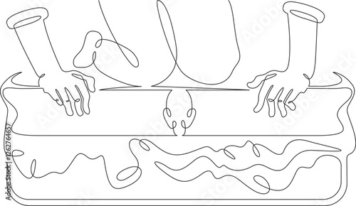 Continuous one line drawing packing luggage. Hands and feet close the suitcase.Packing for vacation. One continuous line isolated minimal illustration.Not AI.
