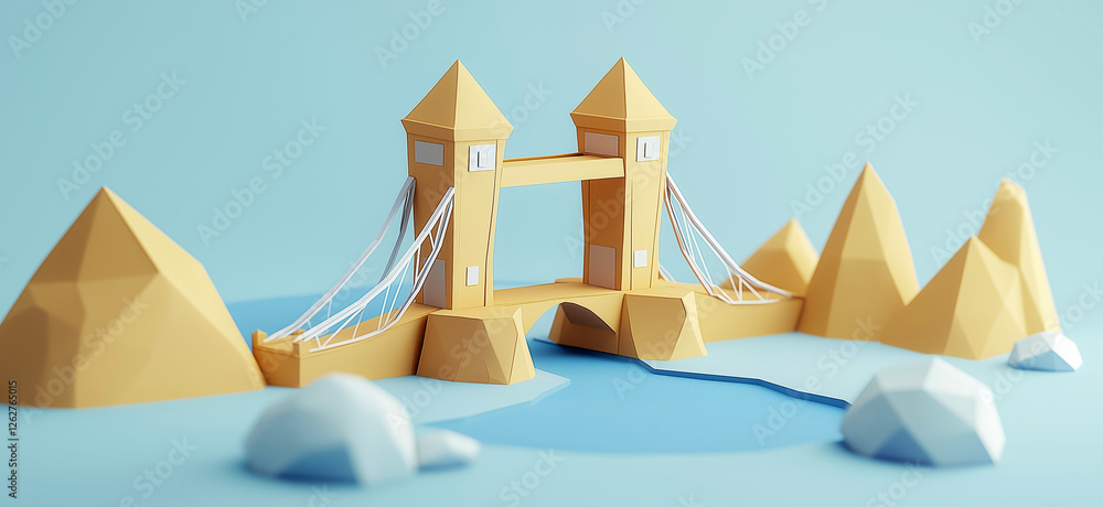 Tower Bridge. 3D rendering of Tower Bridge in London simple low poly origami style, web banner with copy space Tower Bridge. 3D rendering of Tower Bridge in London simple low poly origami style, web banner with copy space