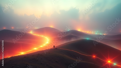 A surreal abstract gradient landscape with soft transitions of neon colors, glowing overlays, and intricate light patterns under a misty atmosphere