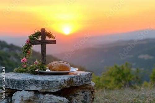 A wooden cross adorned with flowers and bread sits on a stone altar overlooking a sunset-lit valley. A serene image of faith, renewal, and Lent symbolism.