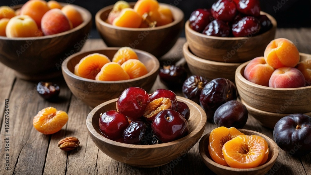 A beautifully arranged assortment of premium dried fruits elegantly displayed in rustic wooden bowls. A beautifully arranged assortment of premium dried fruits elegantly displayed in rustic wooden bowls.