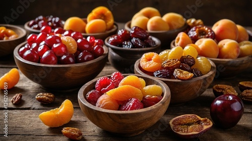 A beautifully arranged assortment of premium dried fruits elegantly displayed in rustic wooden bowls.
