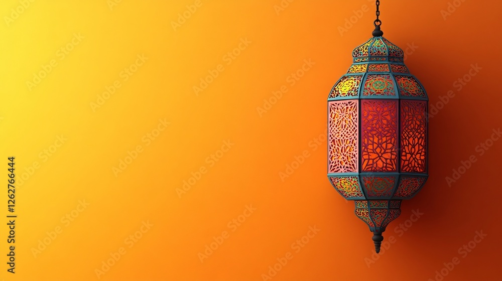 Obraz premium Artistic paper cut-style Islamic lantern with colorful geometric patterns on a bright orange background, leaving space for text at the bottom.