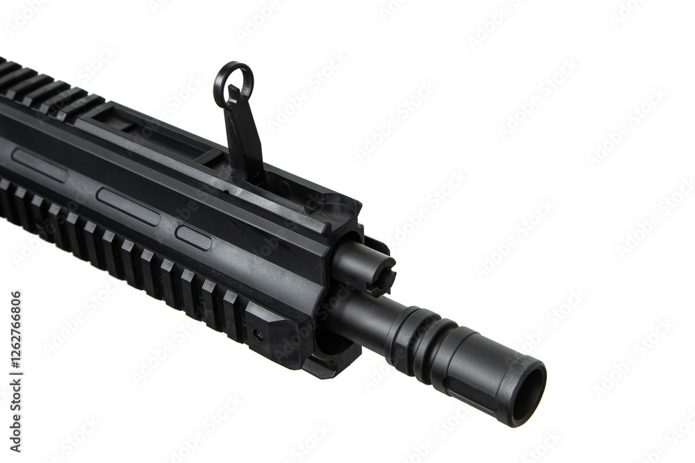 A detailed view of the barrel and sighting devices of a pneumatic plastic replica of a real AR-type carbine, featuring a rail system and front sight post, isolated on a white back A detailed view of the barrel and sighting devices of a pneumatic plastic replica of a real AR-type carbine, featuring a rail system and front sight post, isolated on a white back