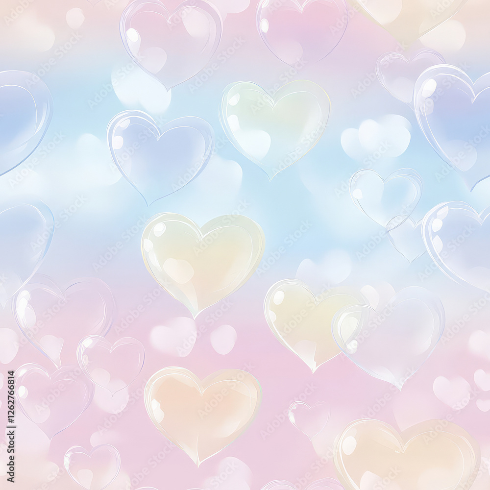 A seamless gradient pattern of floating transparent hearts, softly fading into a dreamy pastel sky. A delicate and magical look for children's decor A seamless gradient pattern of floating transparent hearts, softly fading into a dreamy pastel sky. A delicate and magical look for children's decor
