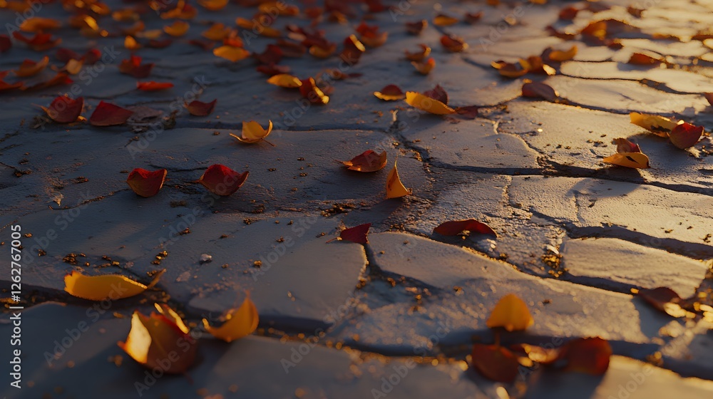 Beige Autumn Leaves Scattered on Cobblestone Ground in Sunlight Beige Autumn Leaves Scattered on Cobblestone Ground in Sunlight