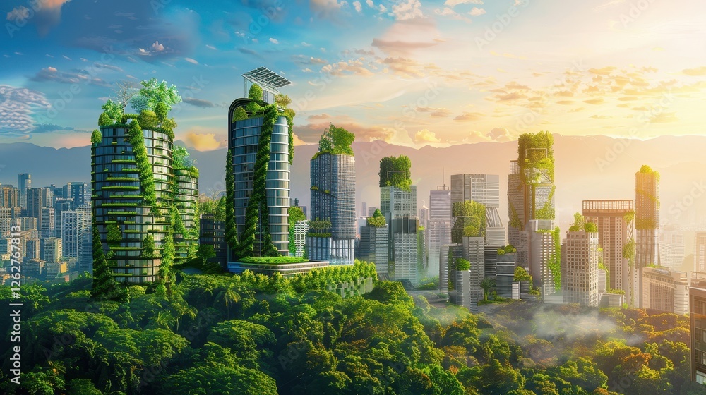 Obraz premium Eco-Friendly City with Vertical Gardens and Sustainable Skyscrapers